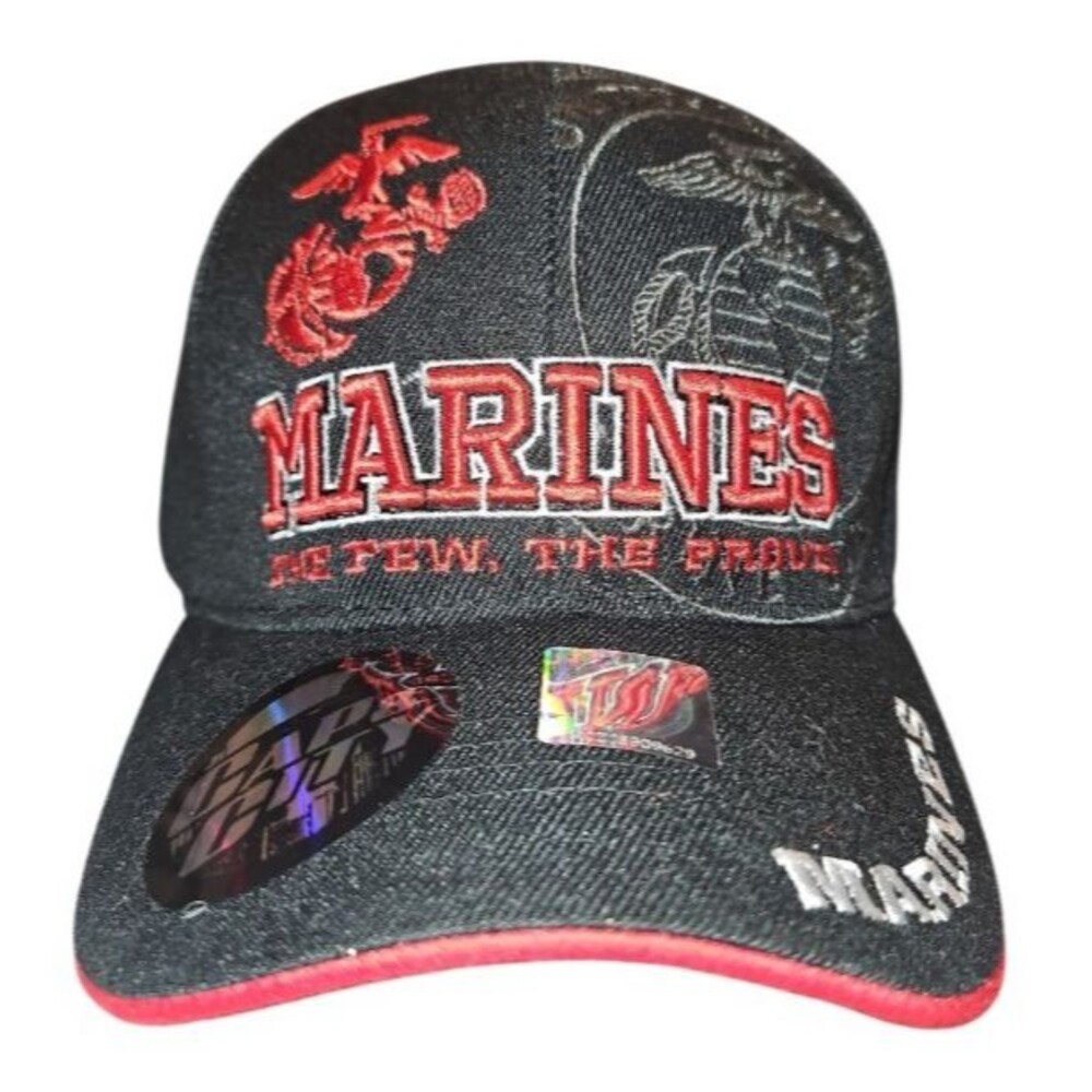 USMC US Marines Hat Black Red Embroidered Logo Adjustable Military Cap NWT